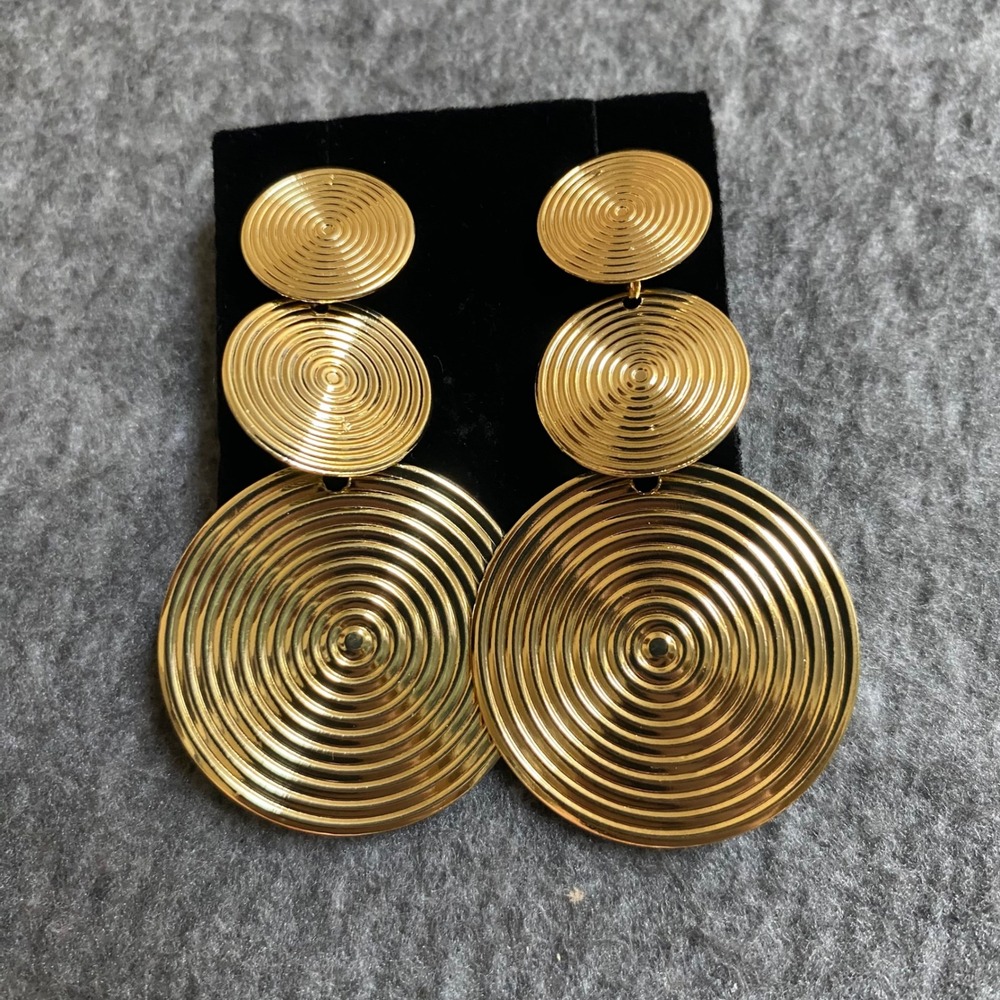 New Gold Tone Tiered Concentric Ribbed Disc Drop Statement Earrings Pierced Post